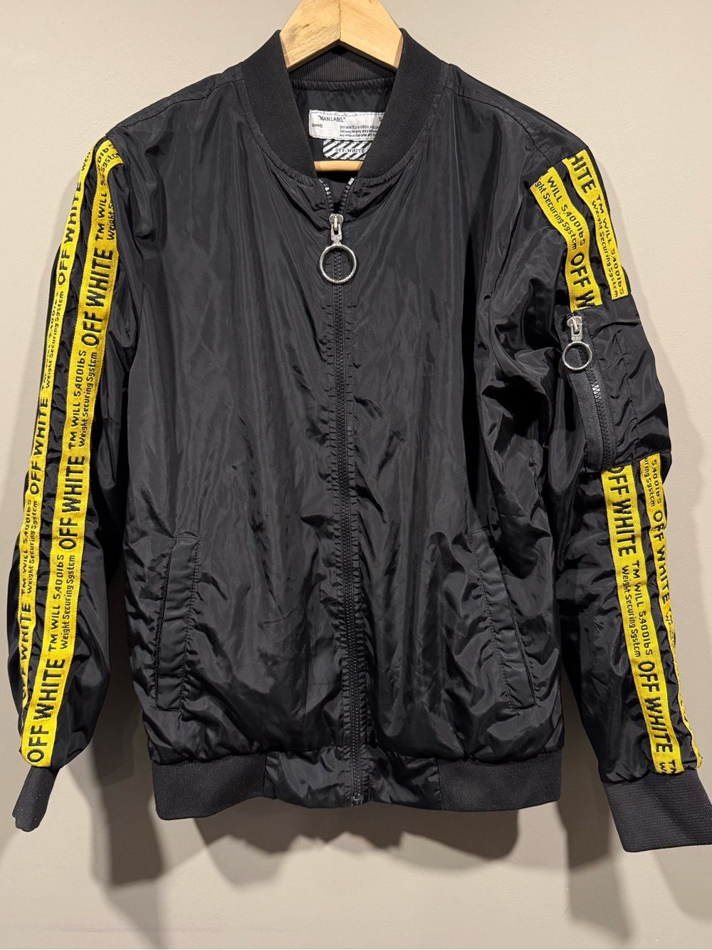 Off-White Black Bomber Jacket with Yellow Logo Tape mens small